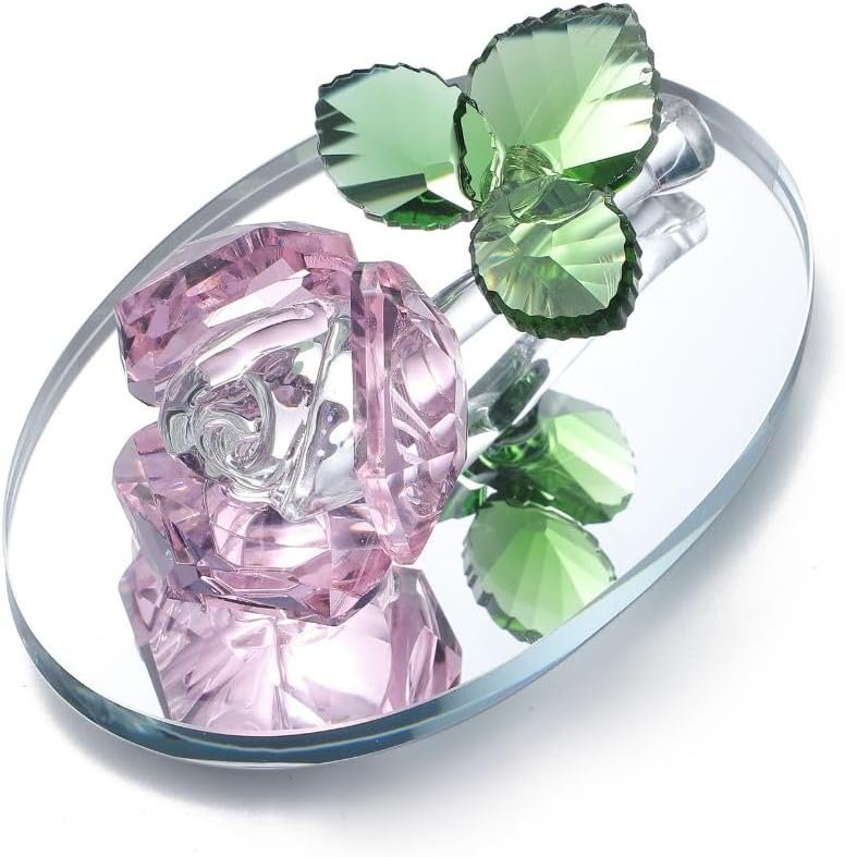 Crystal Flower Rose Figurine Faceted Glass Rose Statue Mirror Base Paperweight Gift for Her Collectible Ornament Home Decor (Pink)