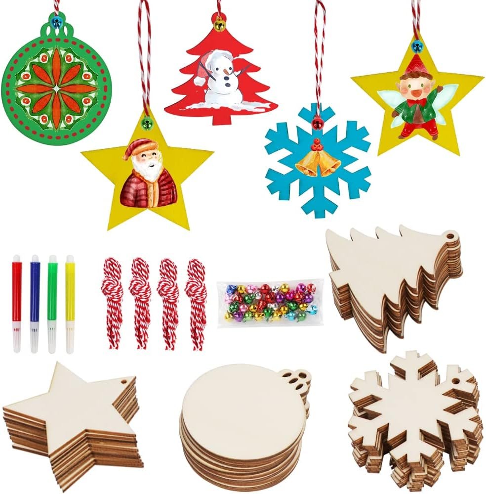 40PCS Wooden Christmas Ornaments Unfinished Wood Slices with Holes, Christmas Crafts DIY Centerpieces Wooden Ornaments to Paint Hanging Decorations Perfect Christmas Gifts for Kids, 4 Styles