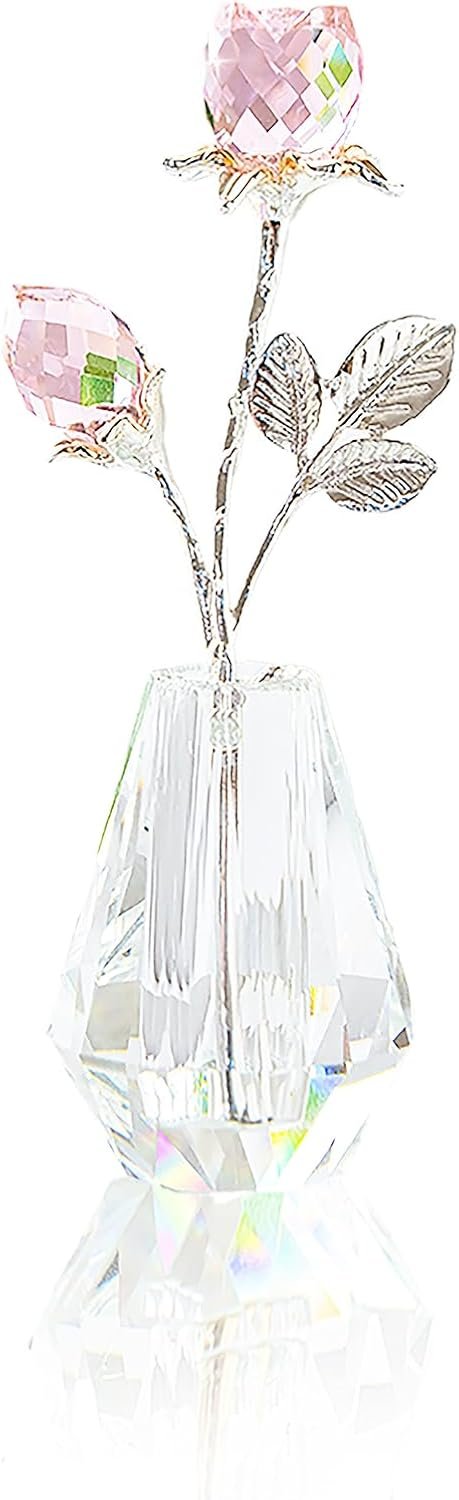 Crystal Pink Tulips Figurine Collectible, Tiny Crystal Glass Rose Decor, Pink rose with stems, Glass flowers in Crystal vase, Home Decor Ornament for Wedding Party, Holiday Creative Gift (Pink)