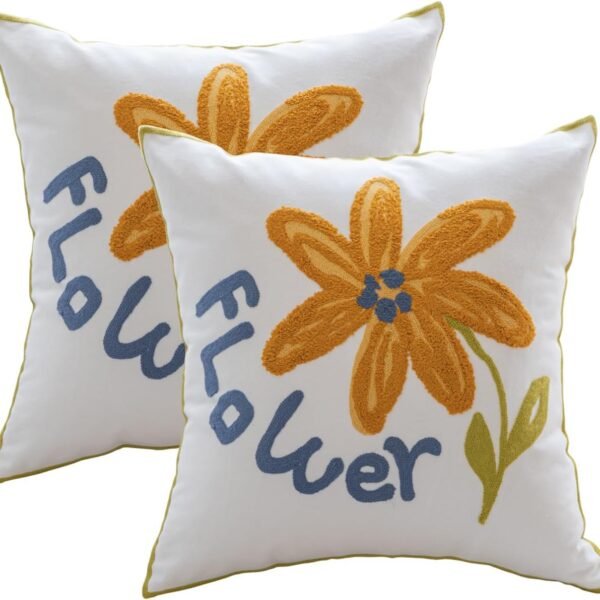 Pillow Covers Set of 2, Embroidered Yellow Flower Pattern Throw Pillow Cover,Square Cotton Cushion,Pillow Case for Sofa Bedroom Couch,18"x18"