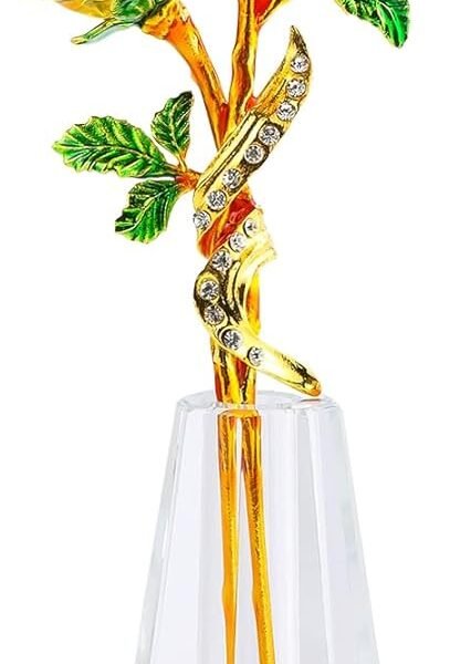Handmade Yellow Rose Flower Crystal Figurine with Vase, Bouquet Glass Flowers Ornament Rose Gifts for Women Mom Wife, Crystal Flowers Home Decor for Anniversary Mother's Day Wedding