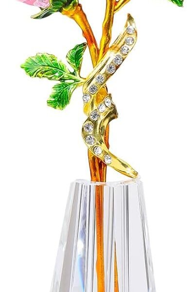 Handmade Pink Rose Flower Crystal Figurine with Vase, Bouquet Glass Flowers Ornament Rose Gifts for Women Mom Wife, Crystal Flower Home Decor for Anniversary Mother's Day Wedding