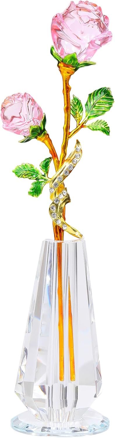 Handmade Pink Rose Flower Crystal Figurine with Vase, Bouquet Glass Flowers Ornament Rose Gifts for Women Mom Wife, Crystal Flower Home Decor for Anniversary Mother's Day Wedding