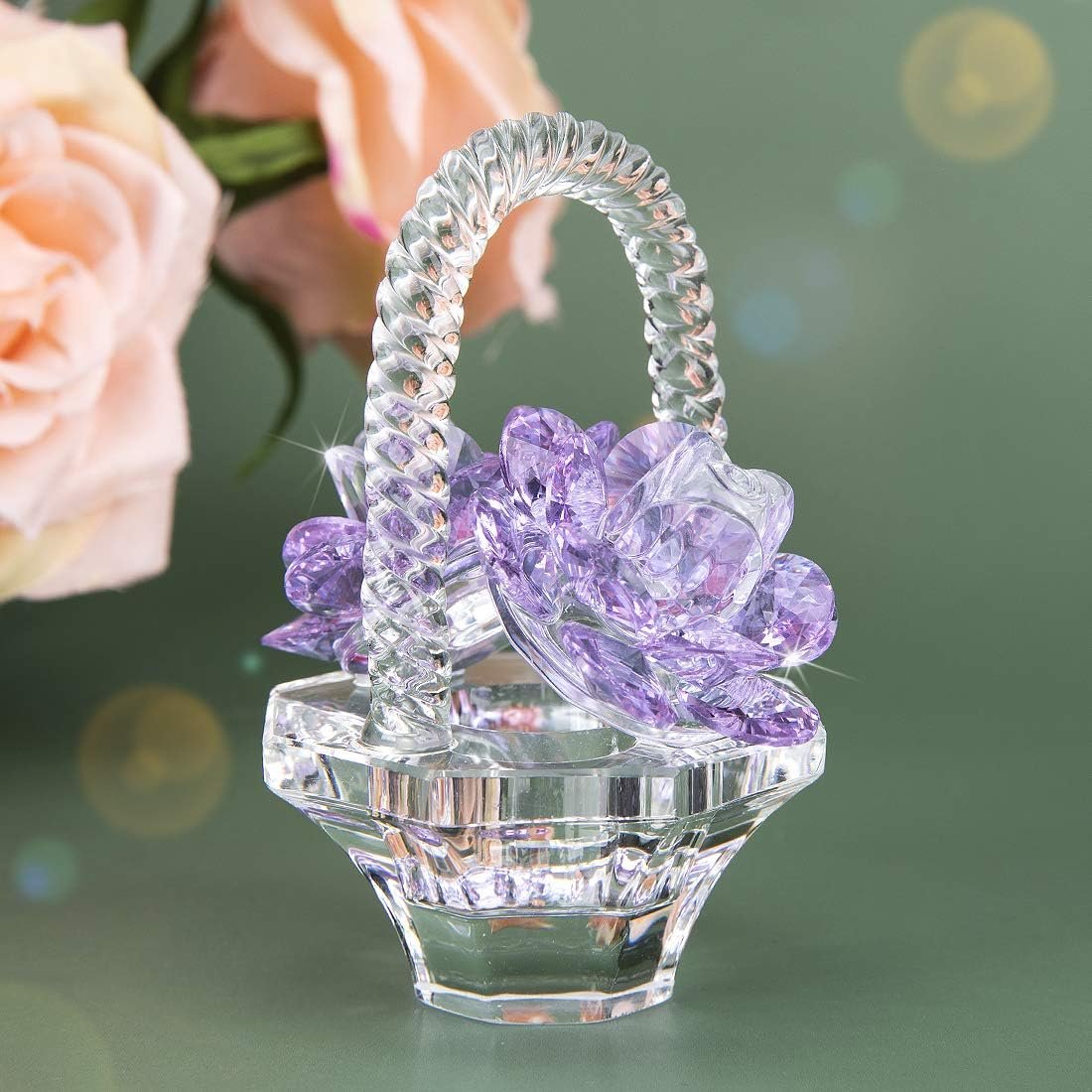 Crystal Flower Basket Figurine Collectable Ornaments Home Decor Tabletop Centerpiece Gift for Lady,Purple Color