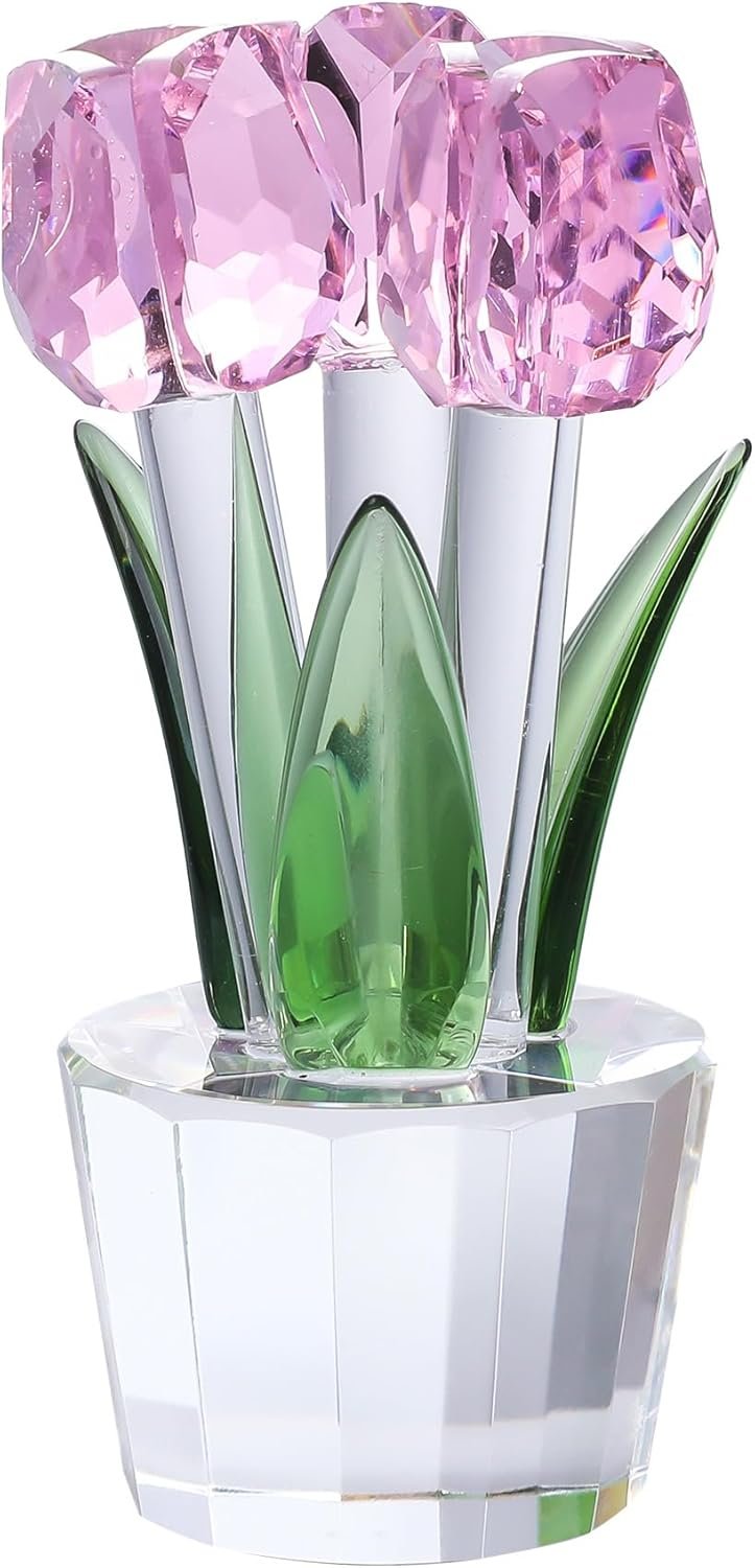Crystal Tulips Flowers Figurine Pink with Vase - Glass Flower Bouquet Collectible Figurines Crystal Office Home Decor Paperweight - Tulip Gifts for Women Mom Bestfriend Wedding Anniversary