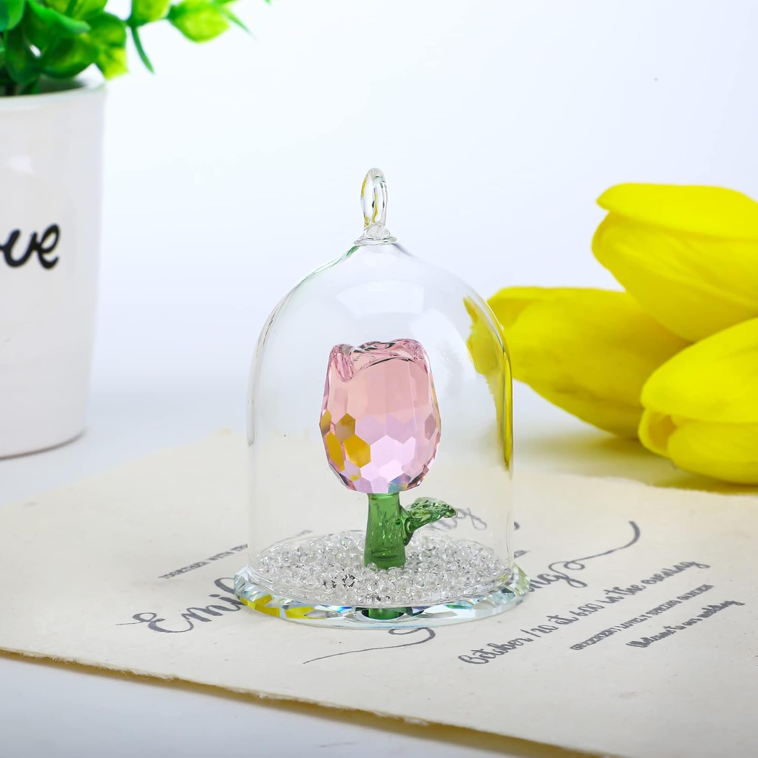 Crystal Enchanted Rose Flower Figurine Dreams Ornament in a Glass Dome Gifts for her (Pink)