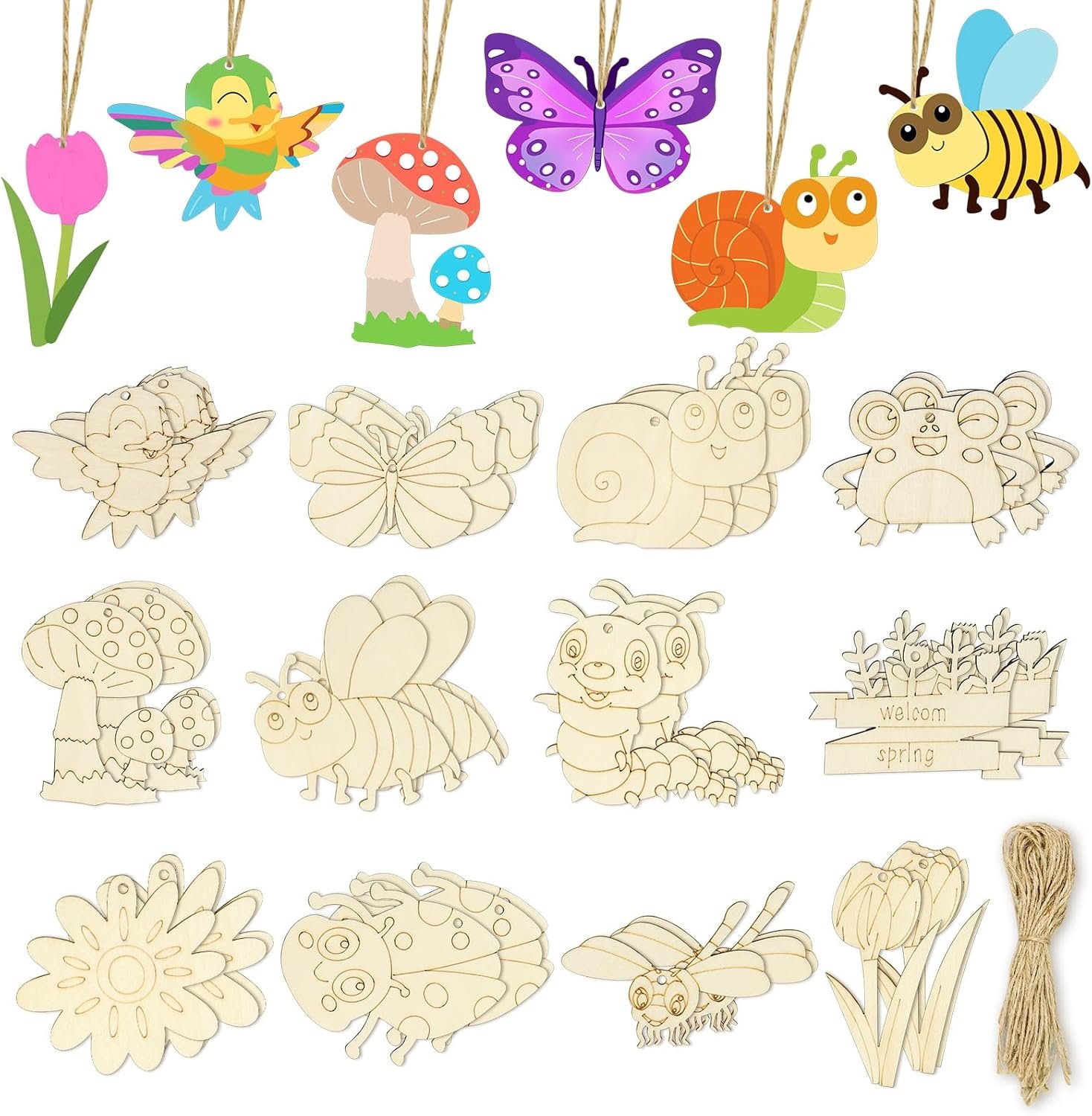 Unfinished Wood Crafts, 36 Pcs Wooden Crafts to Paint, 12 Styles Blank Wooden Spring Ornaments to Paint, Butterfly Dragonfly Snail Flower Shape for DIY Crafts Home Decoration Craft Project