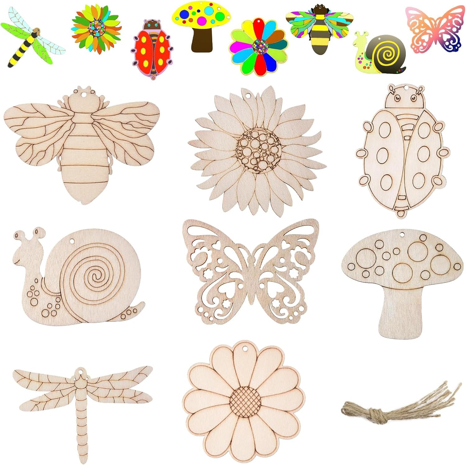 80 PCS Wooden Spring Ornaments to Paint, Unfinished Wood Insect Cutouts with Sling Hole 8 Styles of DIY Blank Unfinished Wooden Hollow Painting Decorations