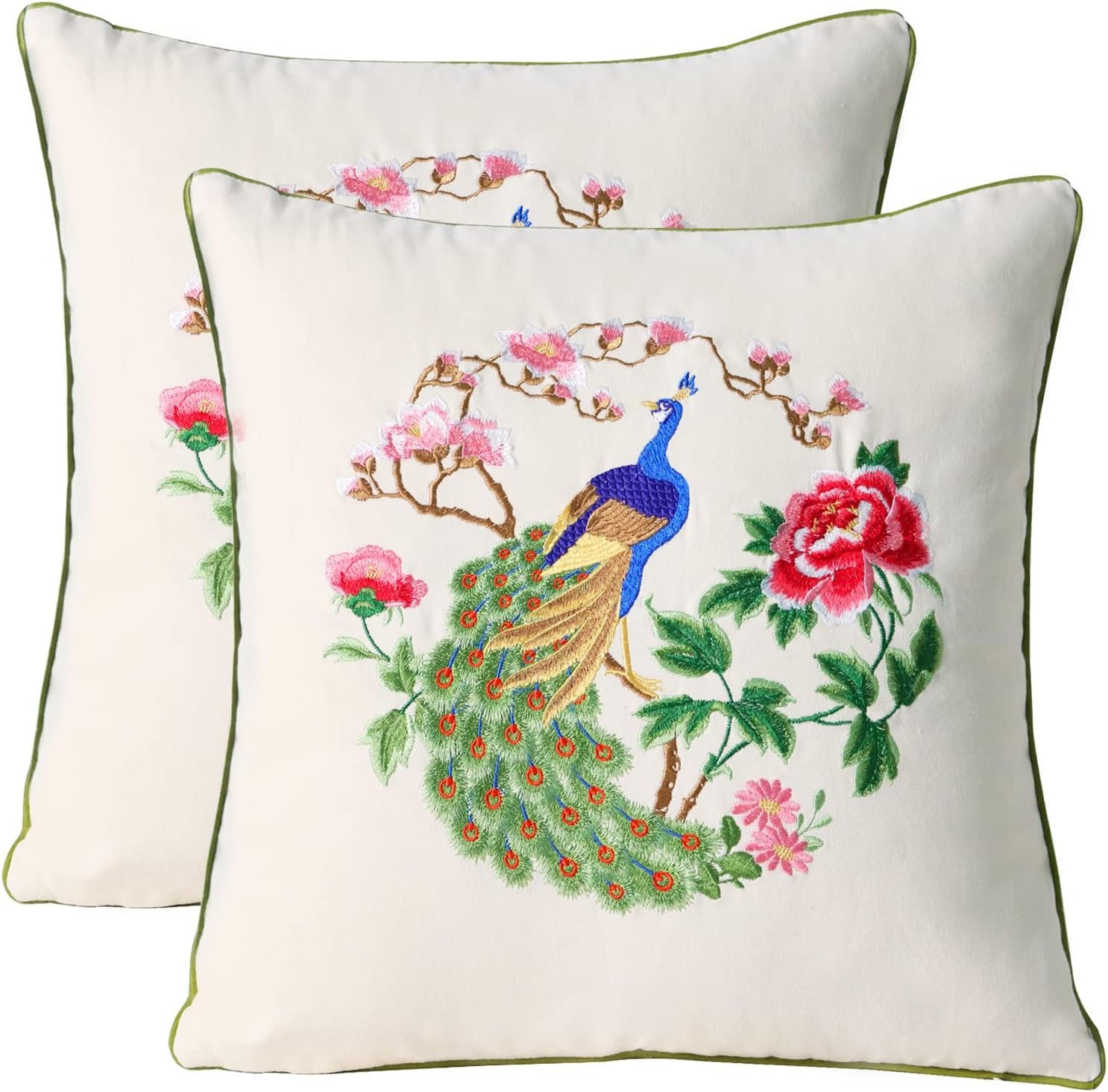 Set of 2 Embroidered Decorative Throw Pillow Covers Couch Square Pillowcases Cushion for Bedroom Sofa Farmhouse Decor 18x18 Inch (Peacock)