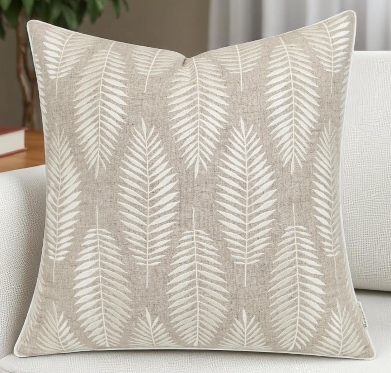 Embroidered Palm Decorative Square Accent Throw Pillowcase - Decor for Bedroom, Sofa, Chair, Patio, Car, Balcony, Bench, Porch, Living Room, Office - 20x20 Inches, Natural