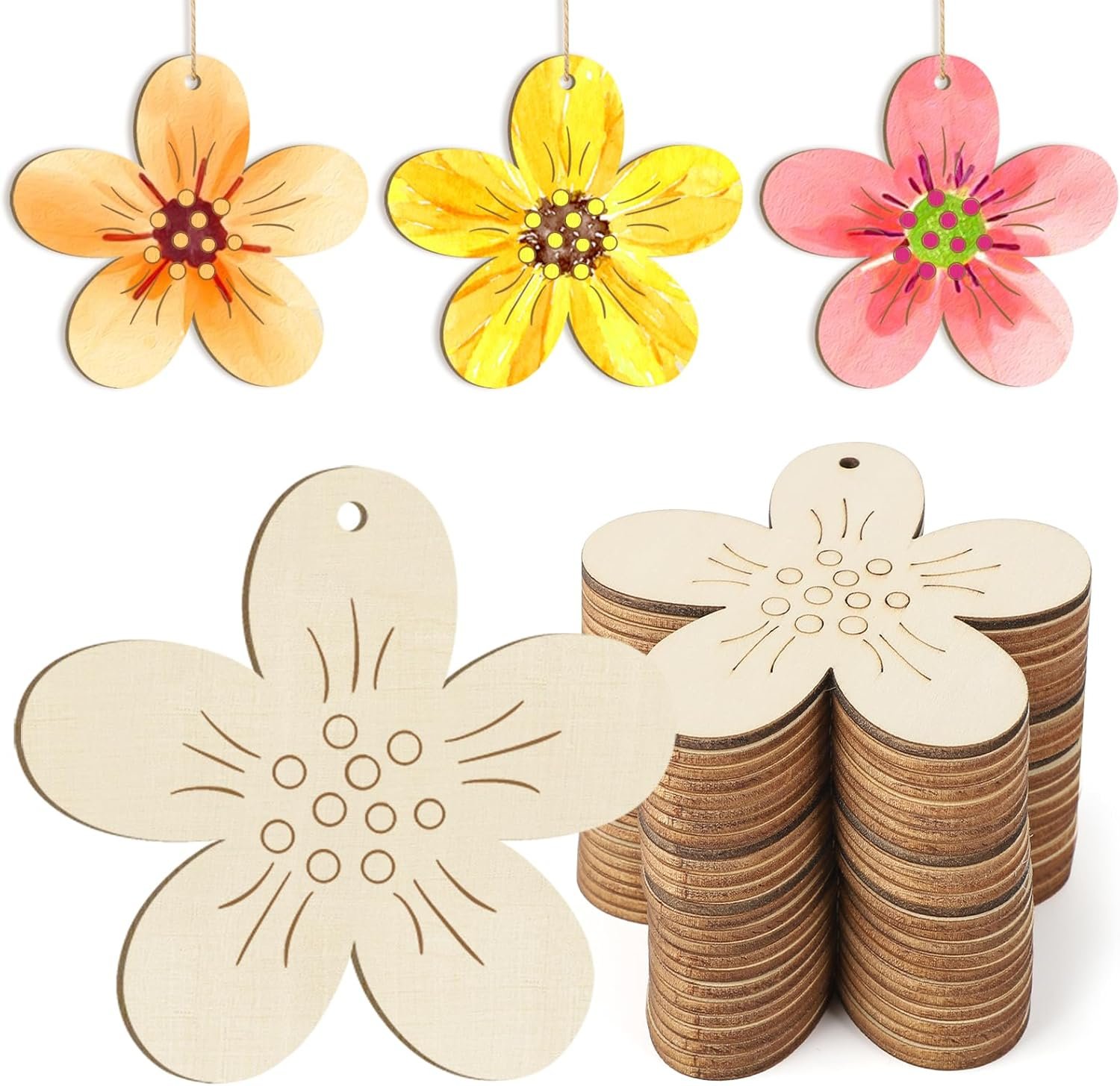 Wooden Flower Ornaments to Paint Easter Spring Decoration Cutouts Unfinished 24PCS 3.5 x 3 inches, DIY Blank Unfinished Christmas Tree Wood Discs Ornament for Home Crafts Hanging