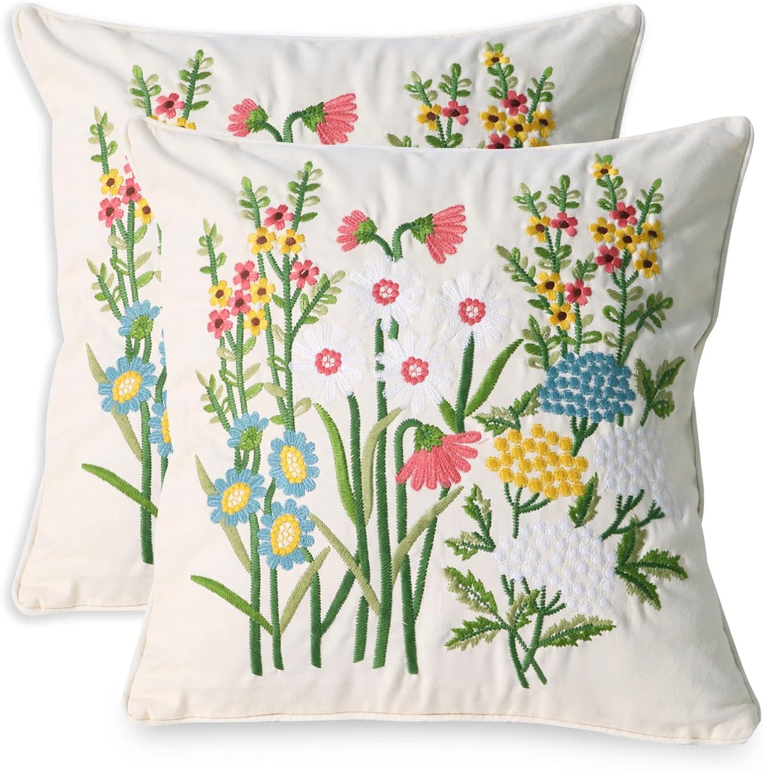 Set of 2 Embroidered Decorative Throw Pillow Covers Couch Square Pillowcases Cushion for Bedroom Sofa Farmhouse Decor 18x18 Inch (Daisy)