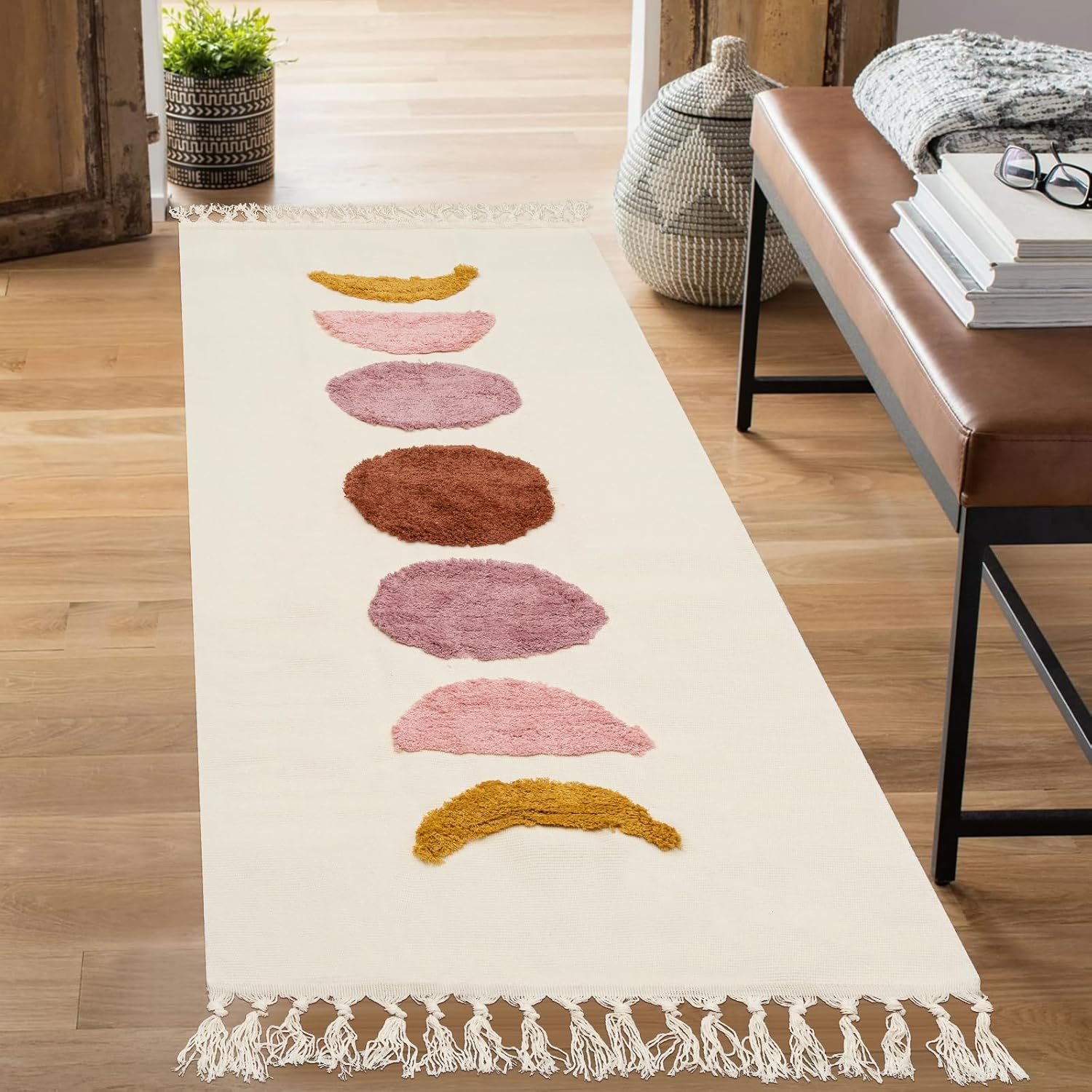Boho Runner Rug, 2' x 5' Rug Runner Tufted Hallway Runner Rug with Woven Tassel Farmhouse Moon Phases Rug Washable Cotton Bedroom Mat Indoor Carpet Decor for Kitchen Laundry Dorm Beige