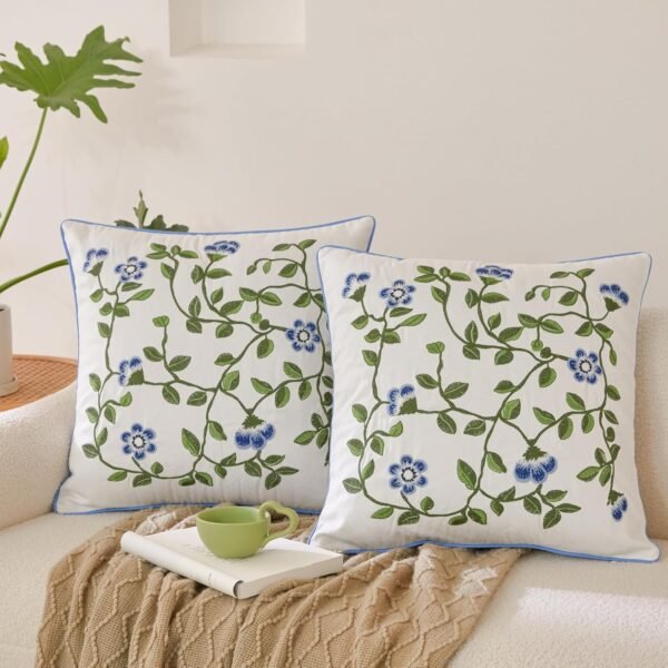 Summer Pillow Covers 18x18 - Embroidered Florals Throw Pillow Covers Set of 2, Blue and Green Vine Decorative Cushion Covers for Couch or Bed, Farmhouse Soft Cotton Pillowcases for Home Decor