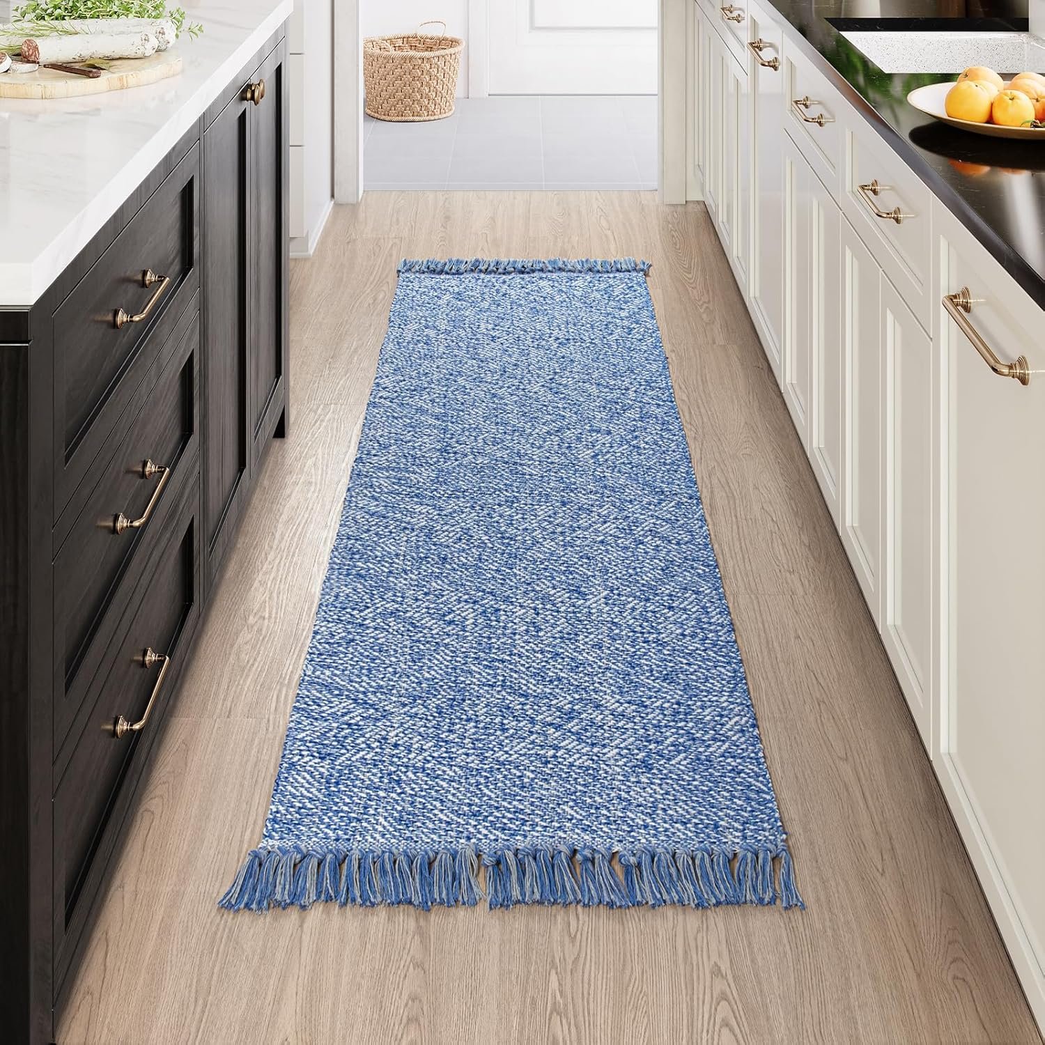 Hallway Runner Rug, 2' x 6' Hand-Woven Reversible Washable Entryway Rug, Blue Cotton Modern Farmhouse Laundry Room Rug Long Carpet for Bathroom Sink Foyer Bedroom
