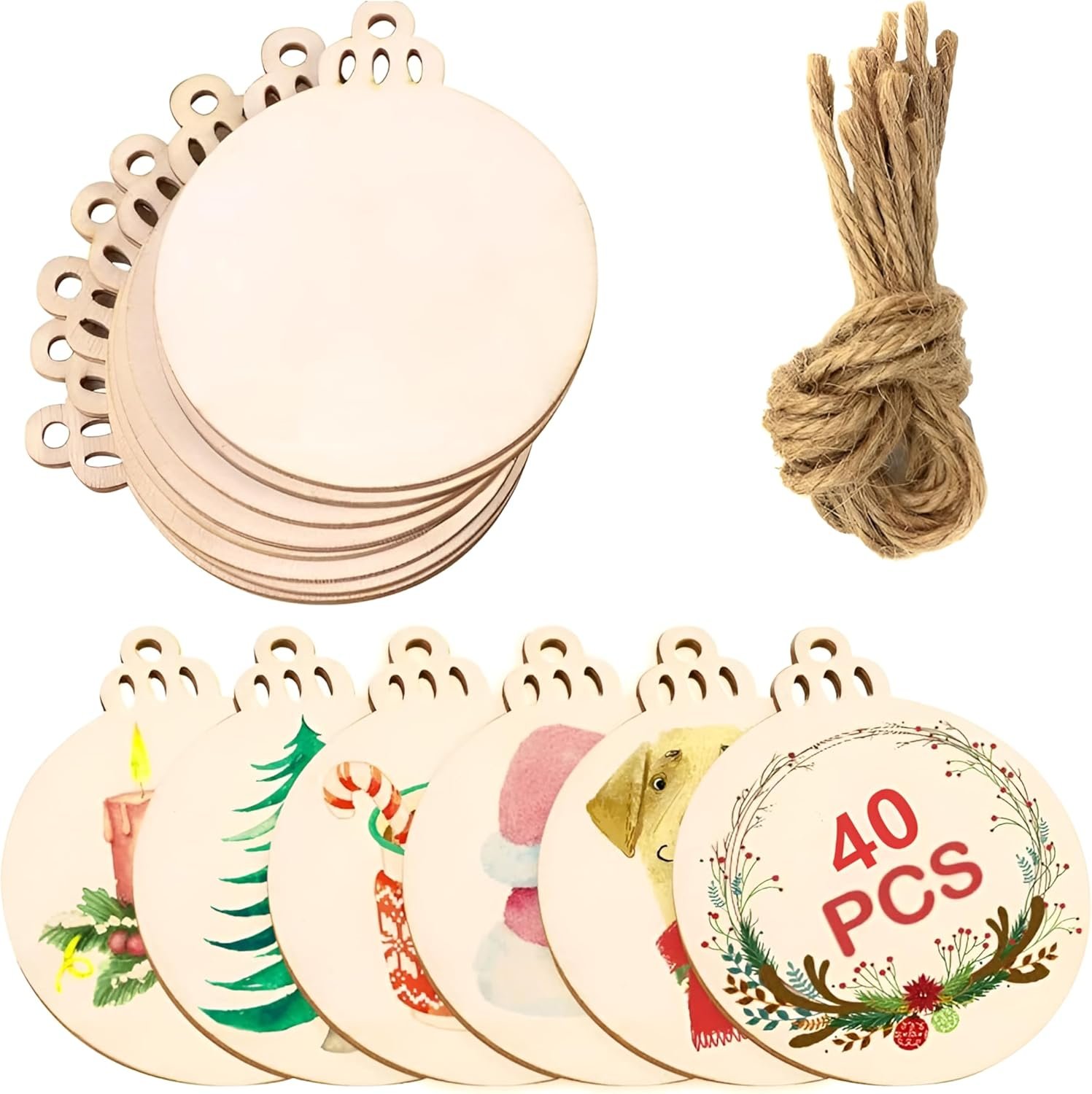 40Pcs DIY Wooden Christmas Ornaments Unfinished Predrilled Natural Wood Slices for Crafts Centerpieces Discs Holiday Hanging Decorations