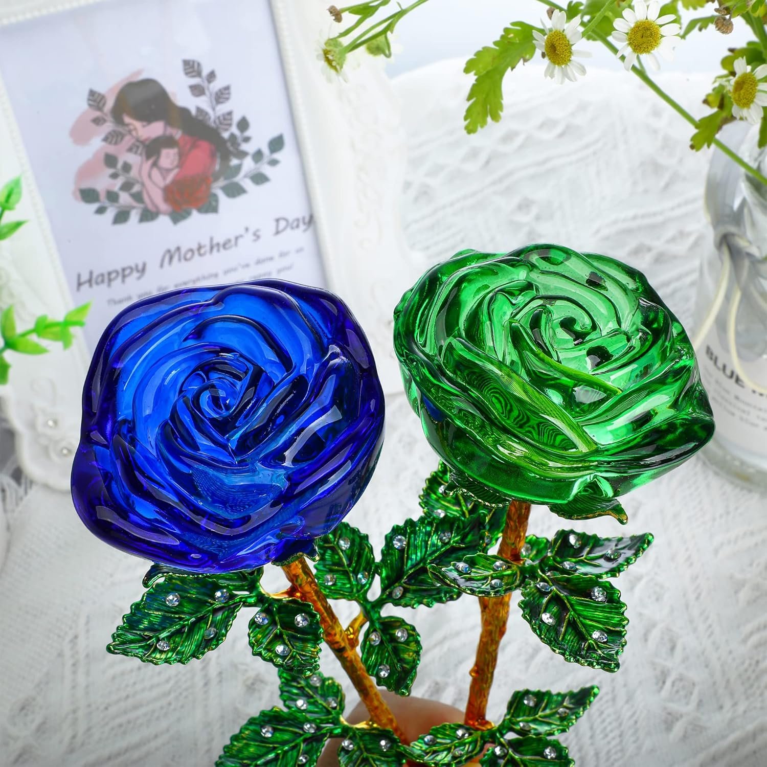 Crystal Rose Flower Glass Blue and Green Flowers with Green Leaves for Wedding Anniversary/Wife, Romantic Forever Gifts for Her (Pack of 2)