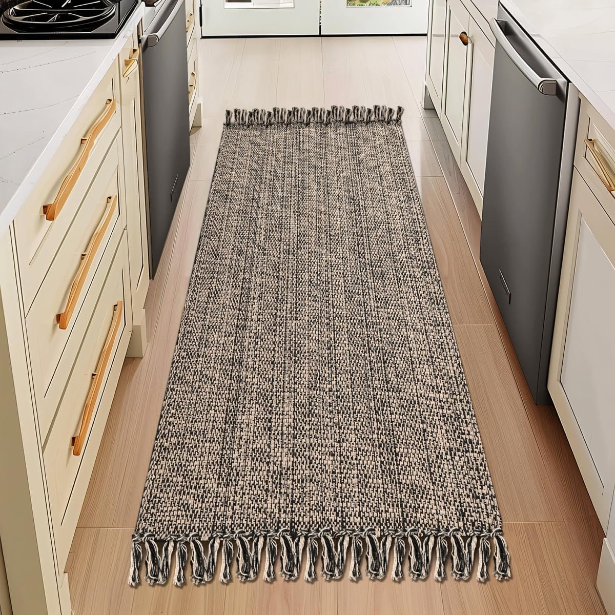 Boho Runners for Hallways, 2' x 6' Washable Hall Carpet Runner Rug Hand-Woven Washable Kitchen Rug, Natural/Black Cotton Braided Floor Mat for Entryway Indoor Bedroom Farmhouse Laundry Room