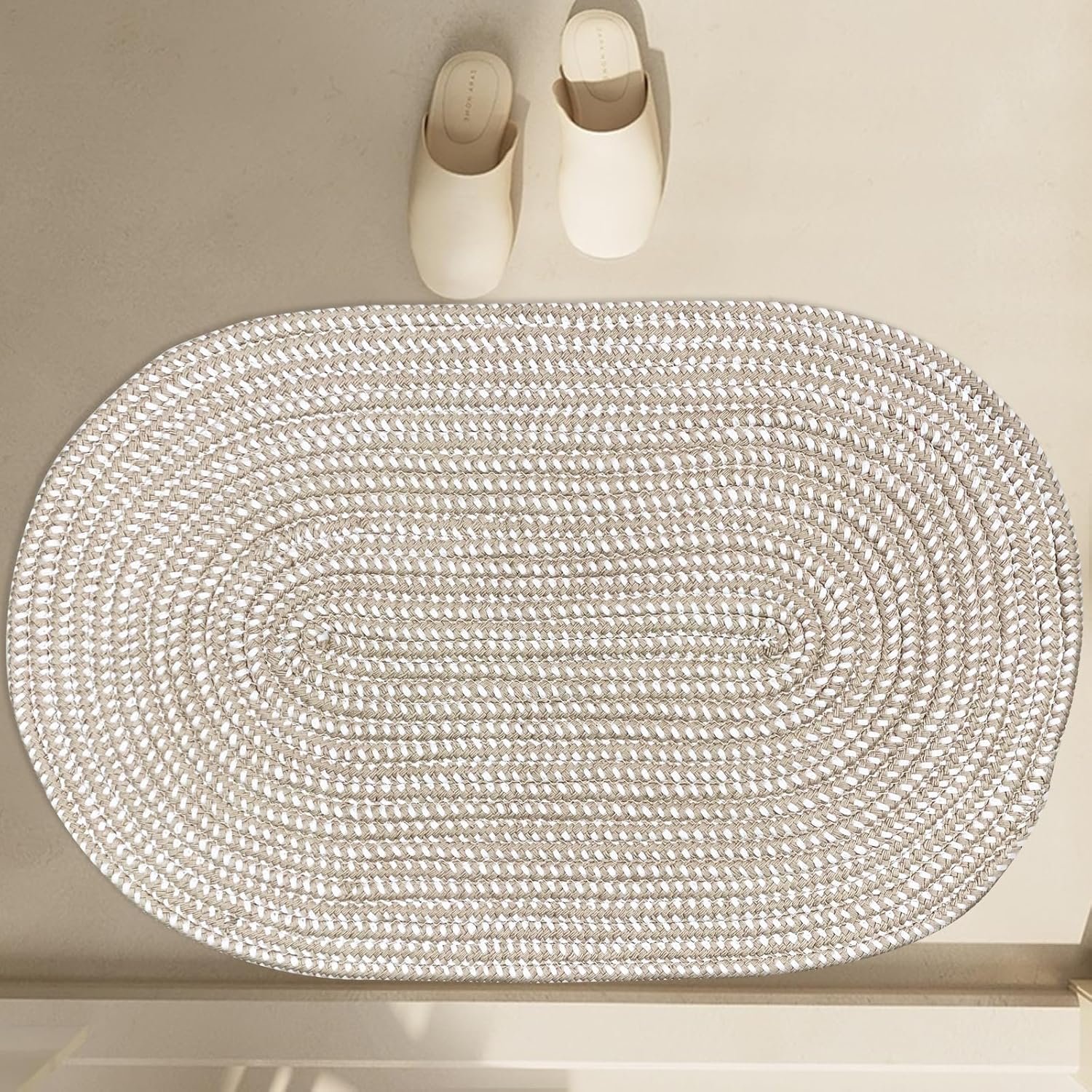 Oval Braided Rug, Washable Hand Woven Carpet Natural Jute Cotton Area Floor Mat Soft Rope Doormats for Entryway Kitchen Bathroom Bedside Indoor Outdoor Decor (Light Camel,20’’X31.5’’)