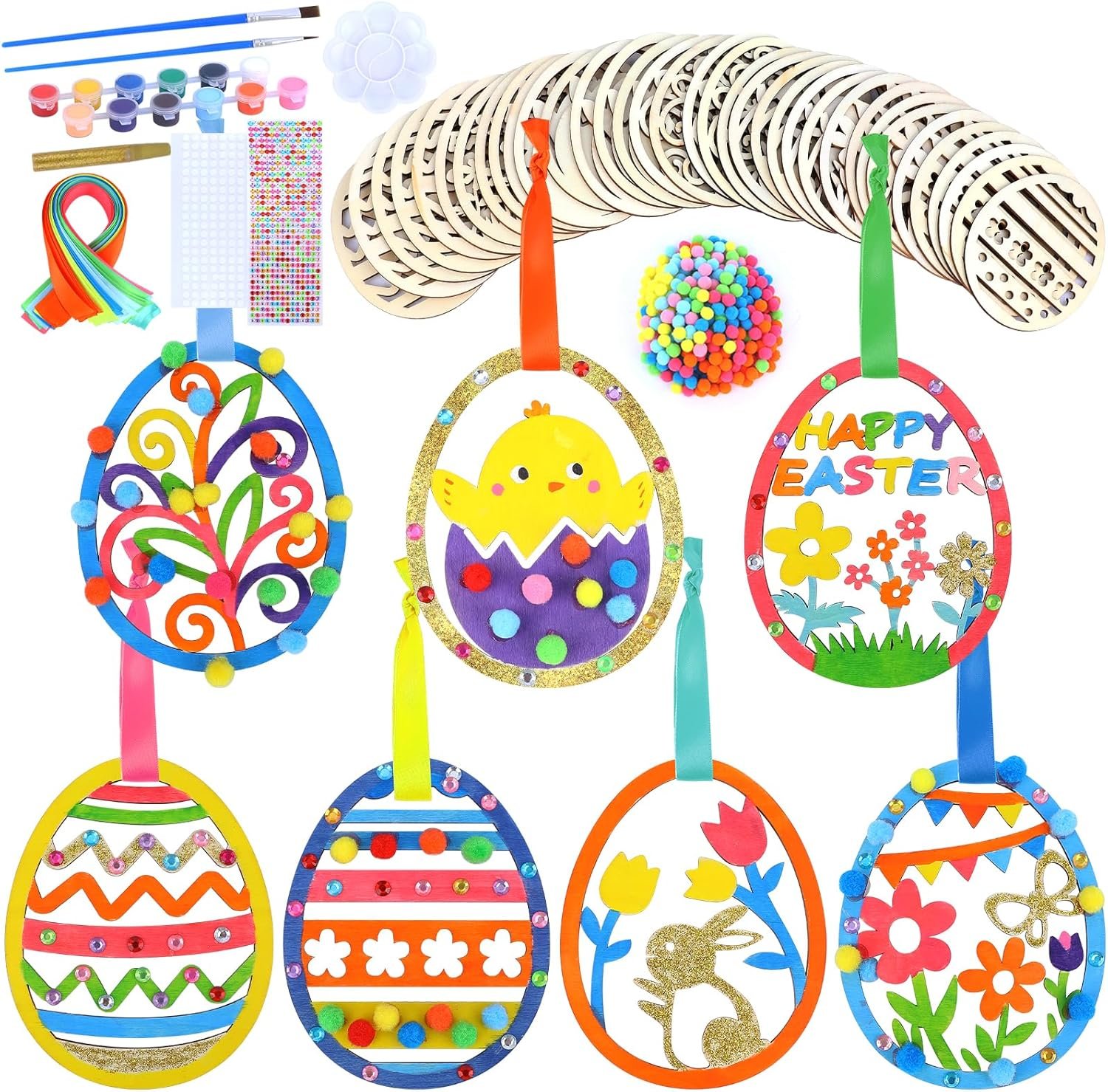 35PCS Wooden Easter Ornaments to Paint Easter Decorations DIY Unfinished Wood Slices Eggs Craft Kits with Pom-Poms Diomand Easter Wooden Hanging Ornaments for Spring Party Activity Art Project