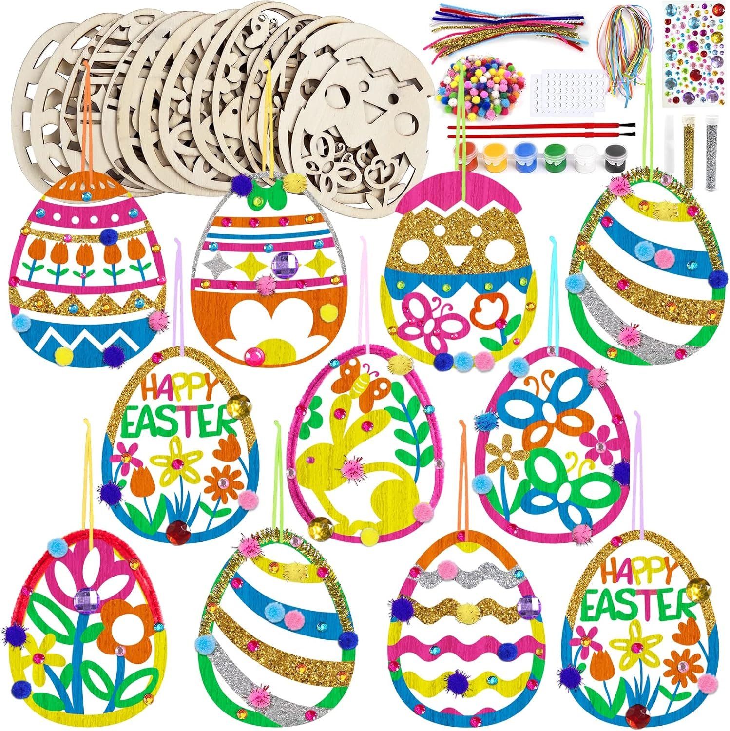 36 Wooden Easter Ornaments Decorations, DIY Easter Wood Craft Kits Assorted Paintable Unfinished Wood Easter Pendants Pom-poms Glitter Pipe Cleaners for Kids Spring Classroom Home Activity Art Project
