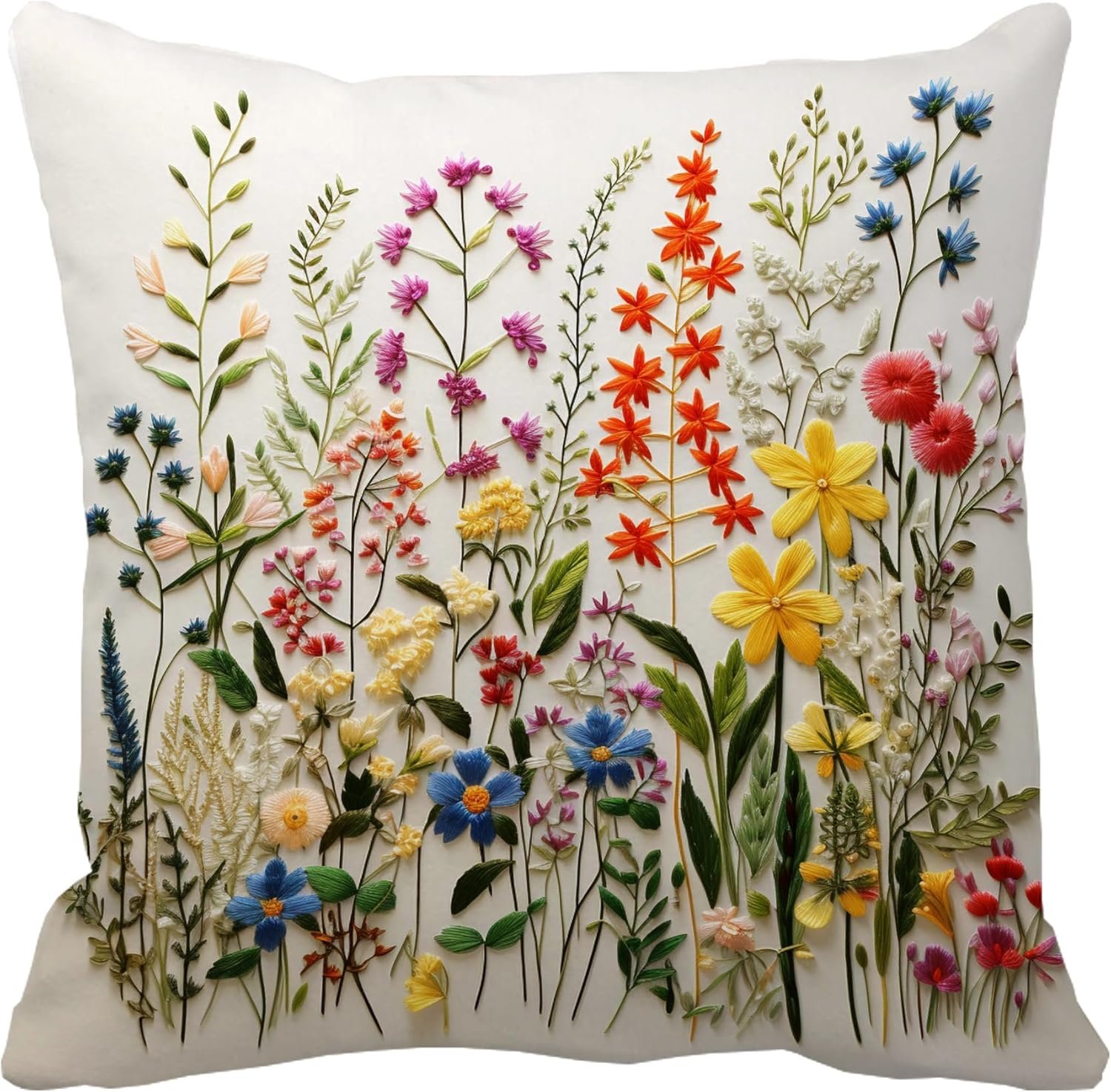 Wildflower Faux Embroidery Print 18x18 Inch Throw Pillow Cover Boho Embroidered Floral Decorative Soft Cushion Case Spring Summer Fall Christmas Home Decor Gift Sofa Luxury Flower Pillowcase