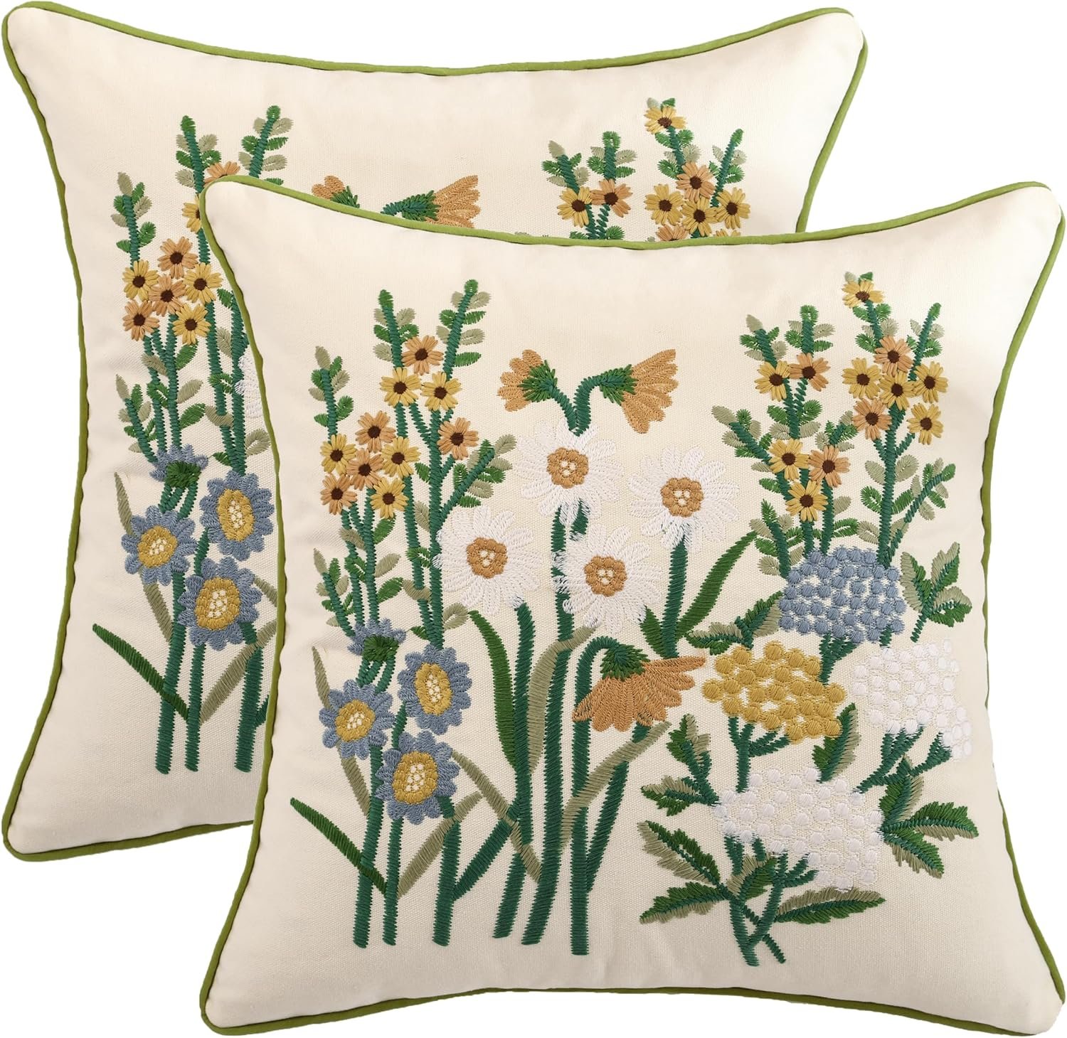 Embroidery Floral Pattern Throw Pillow Covers 18x18 Inches, Set of 2 Couch Pillows Case for Bed Living Room Chair, No Insert (Yellow, 18 * 18 inch)