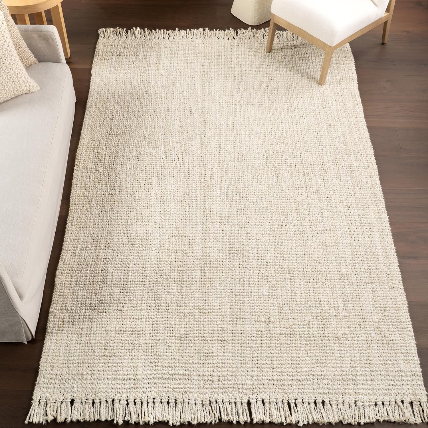 2x3 Jute Tassel Hand Woven Area Rug, Off White, Solid Chunky Farmhouse Design, Natural Fiber, For Bedroom, Dining Room, Living Room, Hallway, Office, Entryway