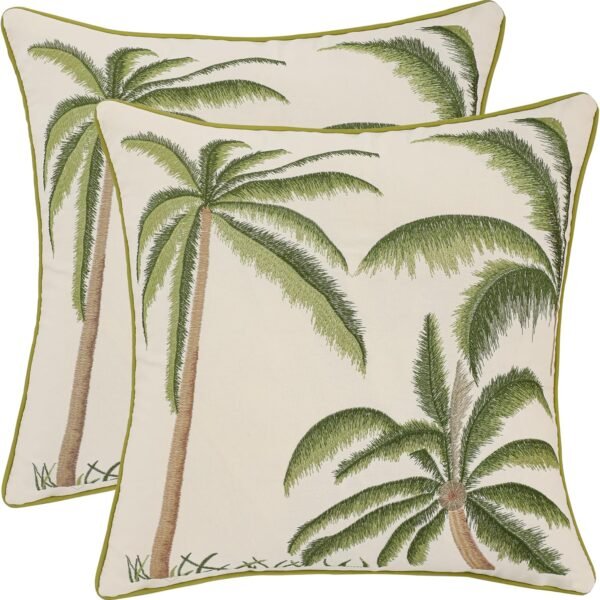 Embroidered Throw Pillow Covers 18x18 Pack of 2 Green Palm Tree Pillow Covers Boho Pillow Cushion Cases Farmhouse Decor Square Pillowcases for Summer Sofa Couch Bedroom