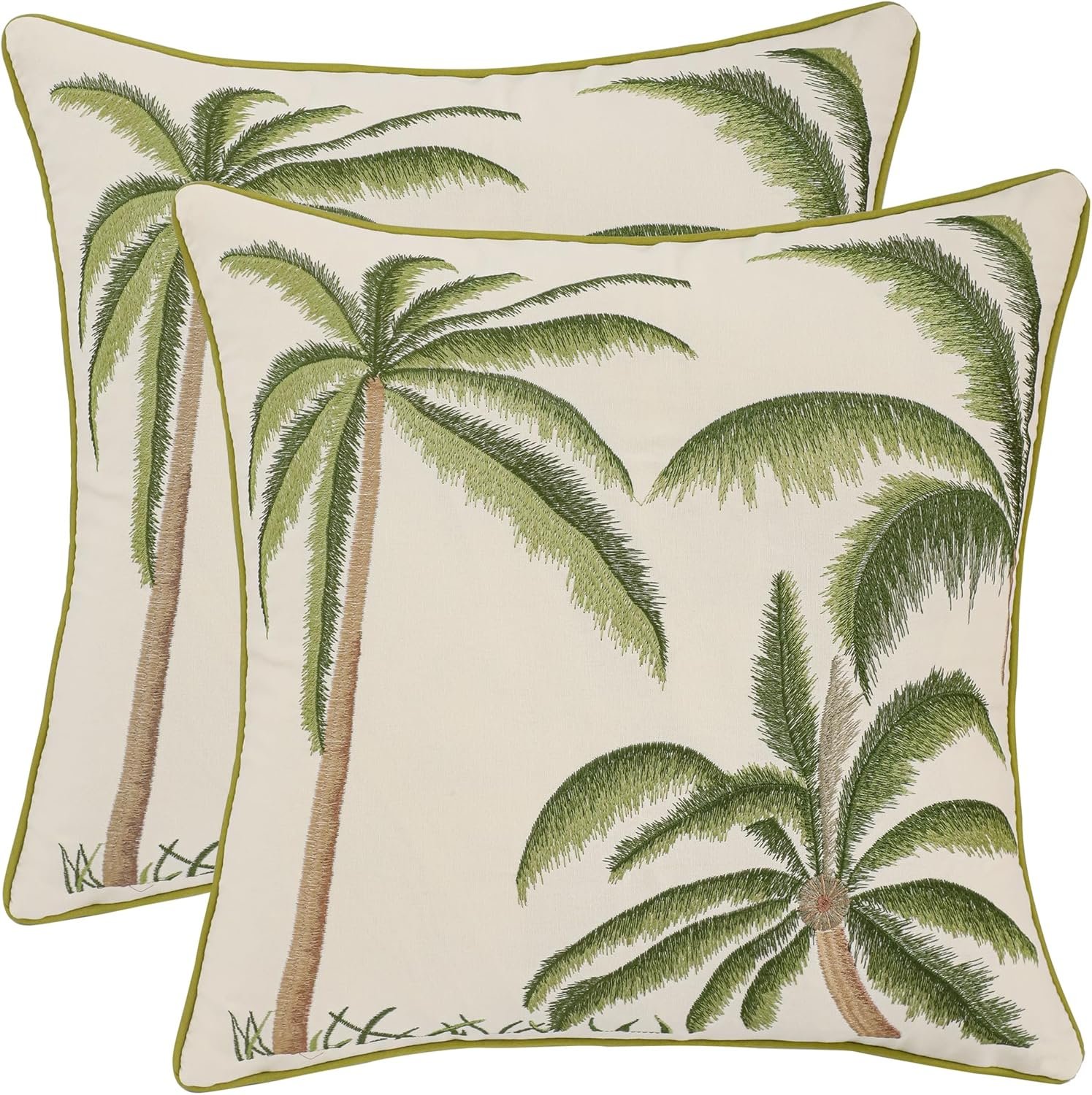 Embroidered Throw Pillow Covers 18x18 Pack of 2 Green Palm Tree Pillow Covers Boho Pillow Cushion Cases Farmhouse Decor Square Pillowcases for Summer Sofa Couch Bedroom