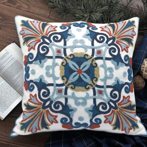 Embroidered Decorative Throw Pillow Cover 18 x 18 inch, Boho Vintage Farmhouse Cottage Floral Embroidery Knit Pattern, 100% Cotton Cushion Case for Sofa Couch Living Room (Navy Blue)