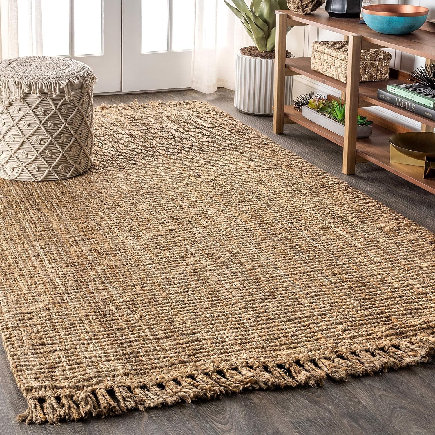 Hand Woven Chunky Jute with Fringe Indoor Area -Rug Bohemian Farmhouse Easy -Cleaning Bedroom Kitchen Living Room Non Shedding, 8 ft x 10 ft, Natural Color